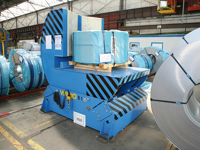 Motorised coil turning unit via turning wheel, with 90° turning range