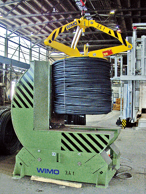 Motorised turnwheel-type wire coil turning device with 90° turning range