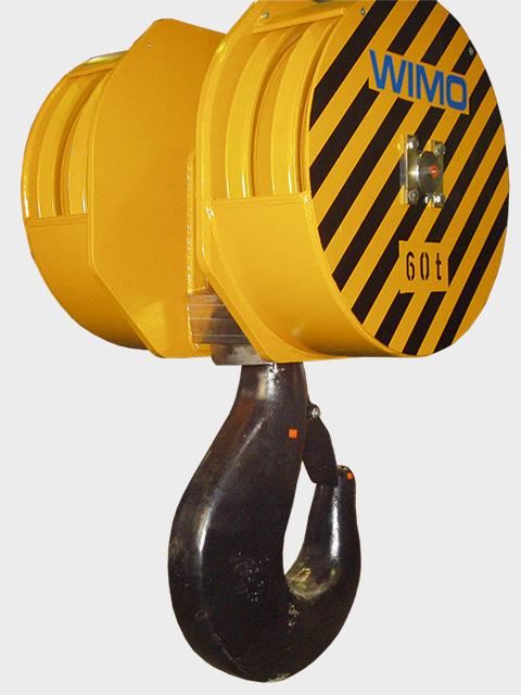 Crane hook blocks with hook drive with four rope sheaves (pulleys)